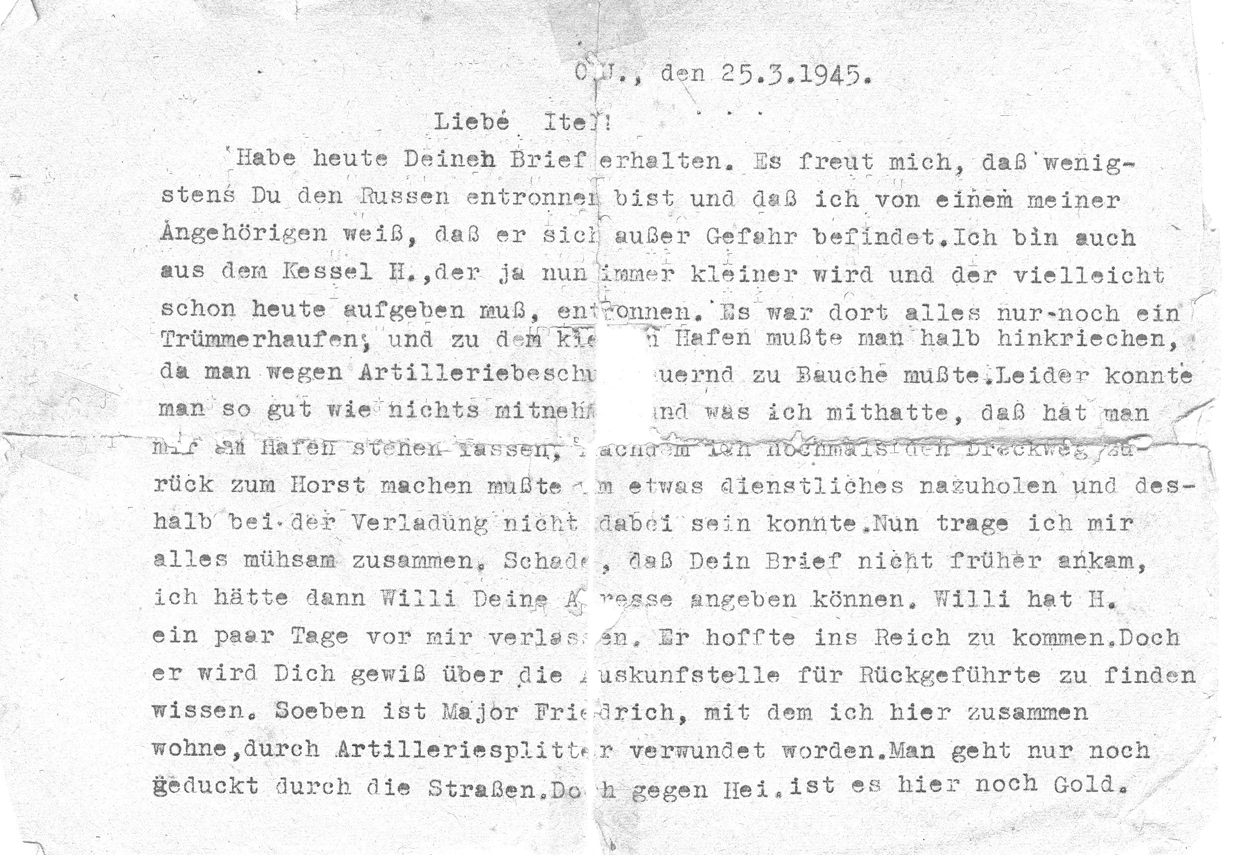 Gustav Lörzer, letzter Brief an die Schwester Ida Lörzer